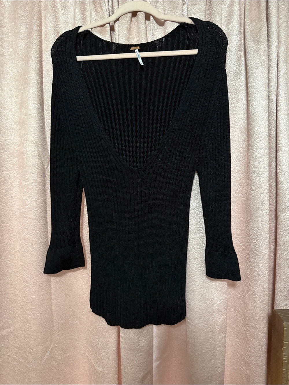 Free People Black Ribbed Deep V-Neck Sweater